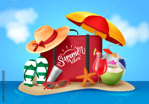 Summer vector banner design. Summer vibes text with realistic beach elements like luggage, umbrella, hat, flip flop and sunglasses in beach island and blue sky background. Vector illustration.