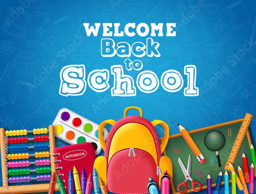 Back to school vector banner design. Welcome back to school text with kids colorful education element like bag, pencil, crayon, color pencil, scissor, and notebook in blue pattern background.