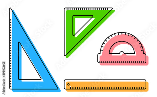 Ruler, protractor, triangle icons. School measuring instruments. School teaching, drawing, geometry. Vector