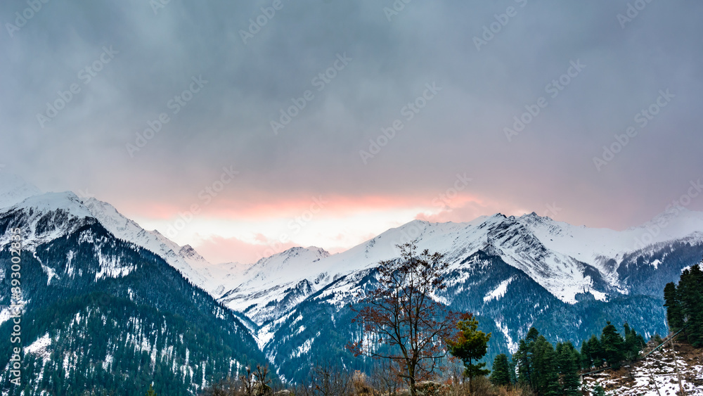 Winter lanscape of Parvati valley with mild snowfall at Himachal Pradesh, Inia Winter lanscape of Parvati valley with mild snowfall at Himachal Pradesh, Inia