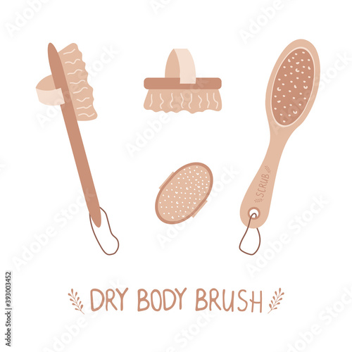 Skin dry brushing. Exfoliation skin with organic products. Cellulite cosmetic. Body care concept. Vector illustration in cartoon style.