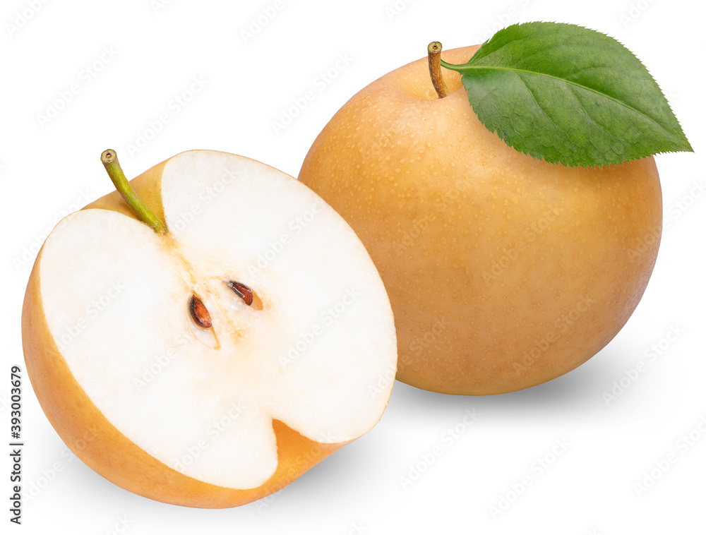 Nashi pear on white background With clipping path, Korean shingo pear or Snow pear isolated on white background for packaging design. Nashi pear on white background With clipping path, Korean shingo pear or Snow pear isolated on white background for packaging design.
