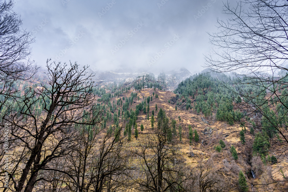Winter lanscape of Parvati valley with mild snowfall at Himachal Pradesh, Inia Winter lanscape of Parvati valley with mild snowfall at Himachal Pradesh, Inia