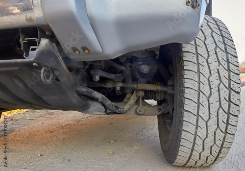 undercarriage of the front wheel of an SUV