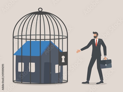 Locked house inside the cage, home foreclosure. 