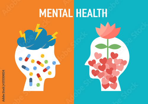 Human head with medicine and red heart psychology or psychotherapy concept. Mental health, mind disorder, brain illness, panic attack, depression or negative thought vector illustration.	
