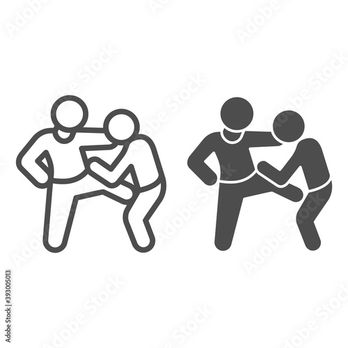 Man defending herself from bandit line and solid icon, self defense concept, boy beats man in groin sign on white background, criminal attacks guy icon in outline style. Vector graphics.