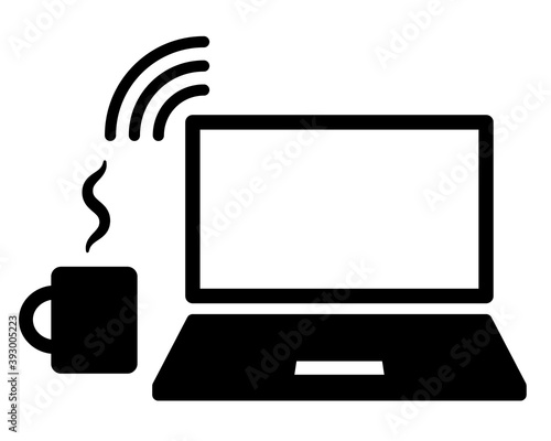 コーヒーとノートパソコンのアイコン/白黒