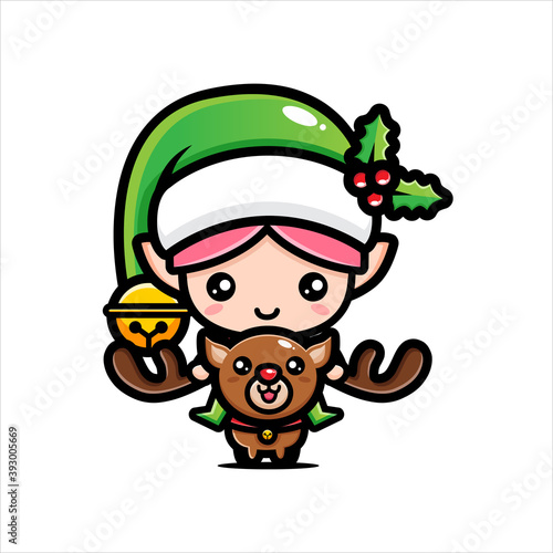 Reindeer character riding a cute fairy in Santa costume