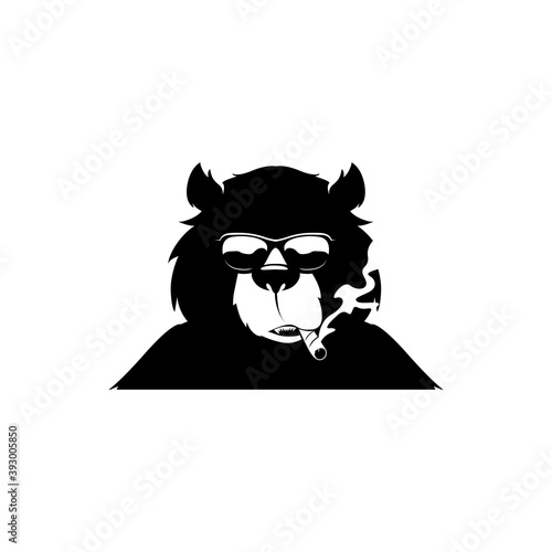 simple modern cool looking wearing glasses smoking cigar grizzly bear cartoon mascot vector icon