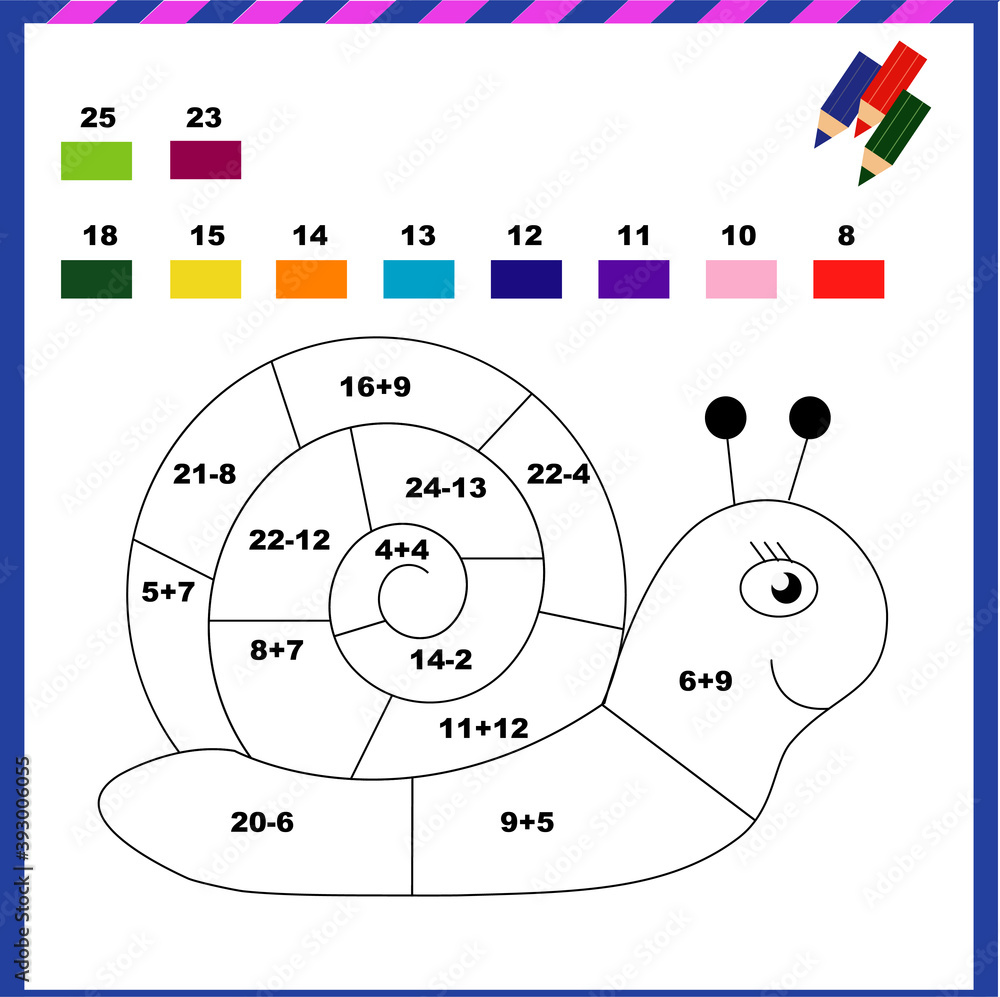 Color by numbers snail - addition and subtraction of the sheet for education