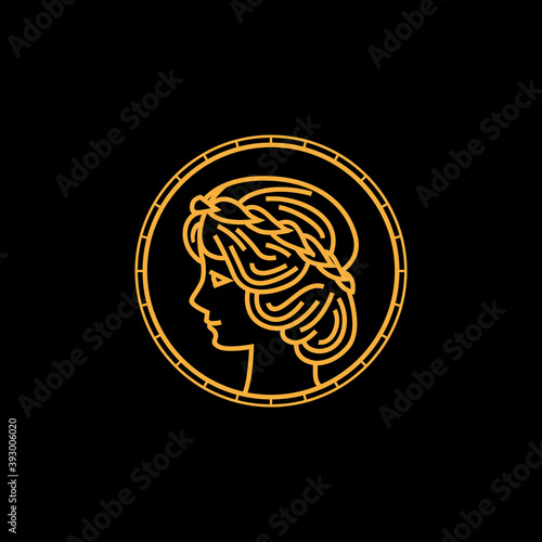 vintage thin line golden circular greek goddess vector icon