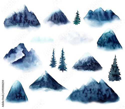 Set with blue mountains in fog, clouds, pinetrees. Watercolor illustration isolated on white background.