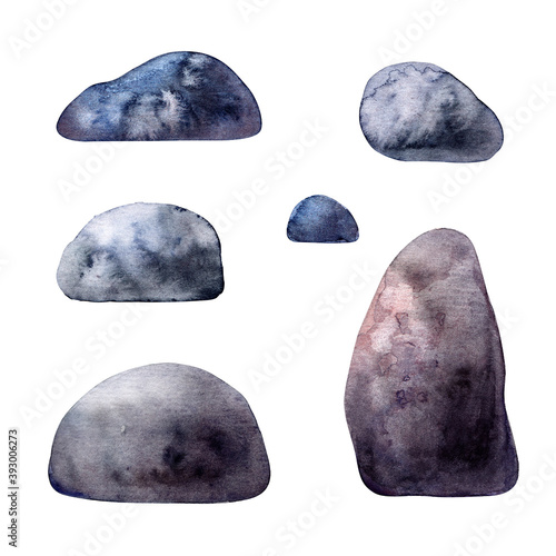 Set of grey watercolor boulders, (rocks, stones). Illustration isolated on white background.