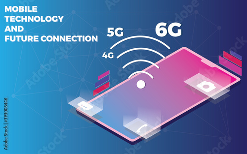isometric han phone futuristic design with future connection 4g, 5g, 6g and wifi icon