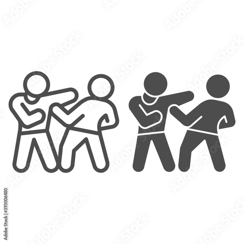 Man defending herself from bandit line and solid icon, self defense concept, man dodges blow in head sign on white background, criminal attacks guy icon in outline style. Vector graphics.
