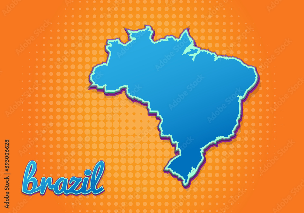 Retro map of brazil with halftone background. Cartoon map icon in comic book and pop art style. Cartography business concept. Great for kids design,educational game,magnet or poster design.