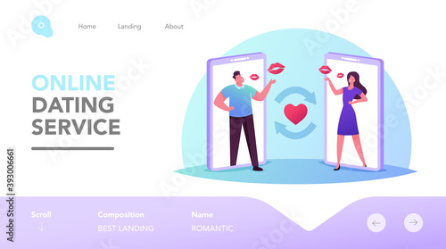Man and Woman Dating Online Landing Page Template. Characters on Huge Smartphone Screens Send Air Kisses to Each Other