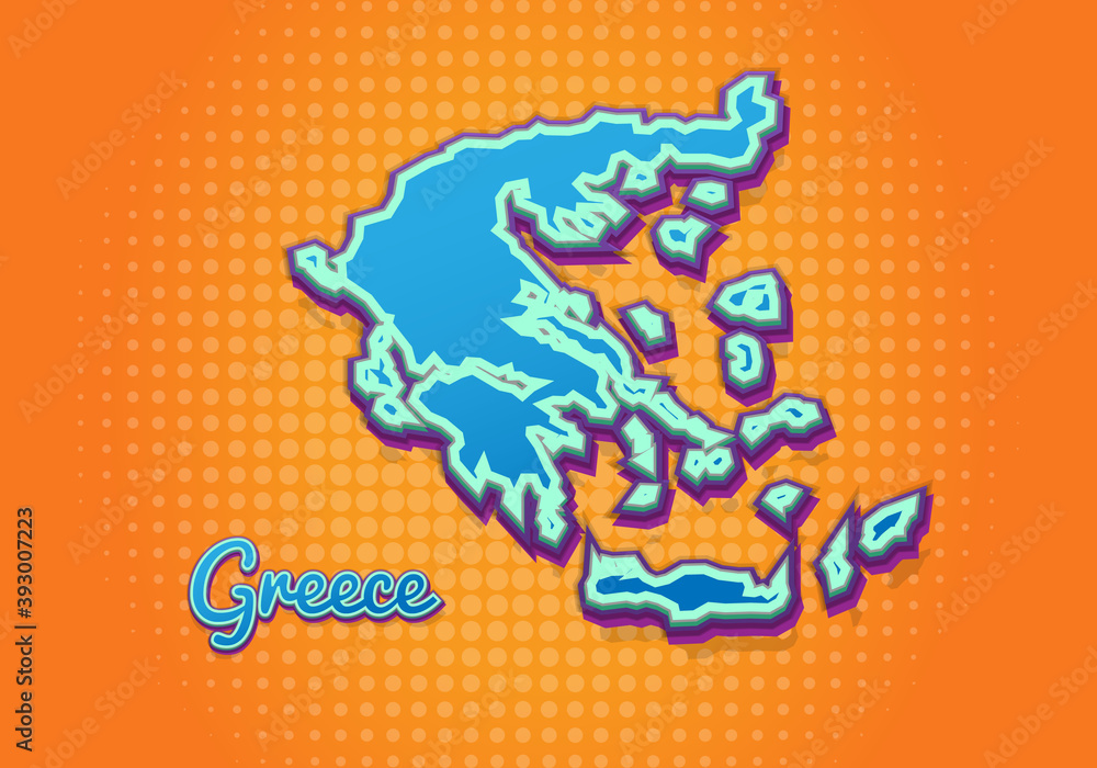 Retro map of greece with halftone background. Cartoon map icon in comic book and pop art style. Cartography business concept. Great for kids design,educational game,magnet or poster design.