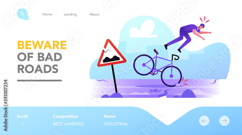 Dangerous Situation on Highway Landing Page Template. Bicyclist Male Character Stumble and Fall from Bicycle on Bad Road