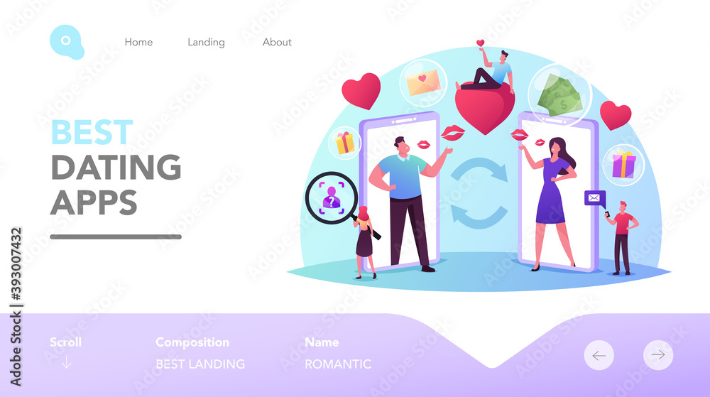 Woman and Man Searching Love Partner on Dating Web Site Landing Page Template. Virtual Relations, Chatting Online