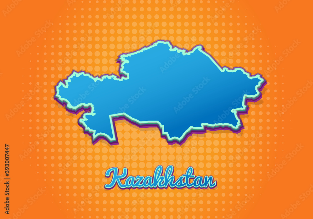 Retro map of Kazakhstan with halftone background. Cartoon map icon in comic book and pop art style. Cartography business concept. Great for kids design,educational game,magnet or poster design.