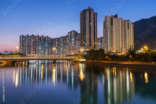 High rise residential building in Hong Kong city at dusk © leeyiutung