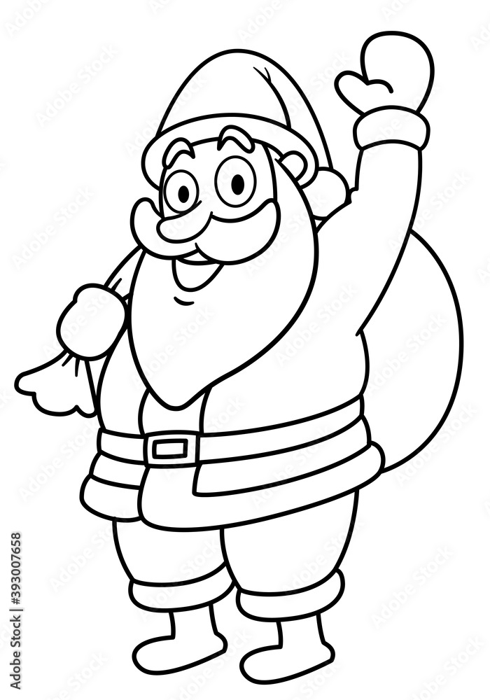 Santa claus standing and waving at camera, He is carrying a bag.
