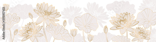 Luxurious background design with golden lotus. Lotus flowers line arts design for wallpaper, natural wall arts, banner, prints, invitation and packaging design. vector illustration.