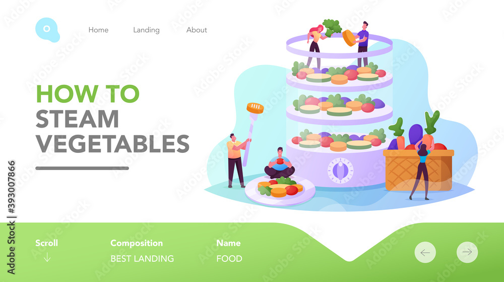 Fototapeta premium Tiny Characters Cooking on Double Boiler Healthy Vitamin Food Landing Page Template.People Prepare Vegetables on Steam