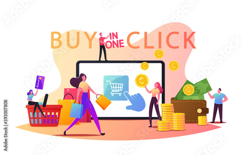 Online Shopping One Click Purchase Concept. Tiny Customer Characters with Credit Card Buying Goods at Huge Gadget Screen