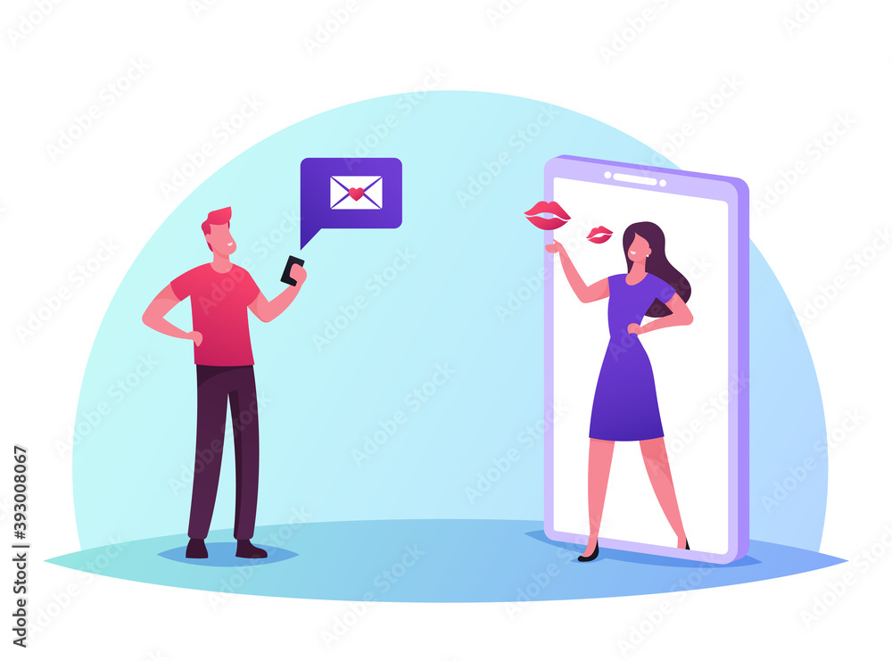 Web Dating, Loving Human Relations Concept. Young People Meeting in Internet, Man Send Sms to Woman at Huge Smartphone Web Dating, Loving Human Relations Concept. Young People Meeting in Internet, Man Send Sms to Woman at Huge Smartphone