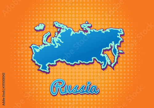 Retro map of russia with halftone background. Cartoon map icon in comic book and pop art style. Cartography business concept. Great for kids design,educational game,magnet or poster design.