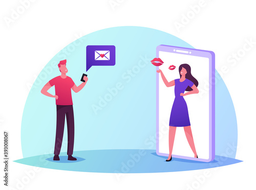 Web Dating, Loving Human Relations Concept. Young People Meeting in Internet, Man Send Sms to Woman at Huge Smartphone