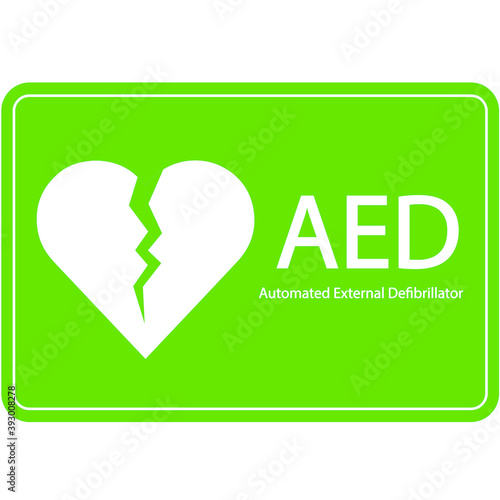 AED,automated external defibrillator / aed sign with heart and electricity symbol flat vector icon	
