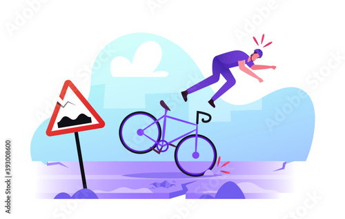 Male Bicyclist Stumble and Fall from Bicycle on Broken Roadside with Cracked Asphalt. Dangerous Situation on Highway