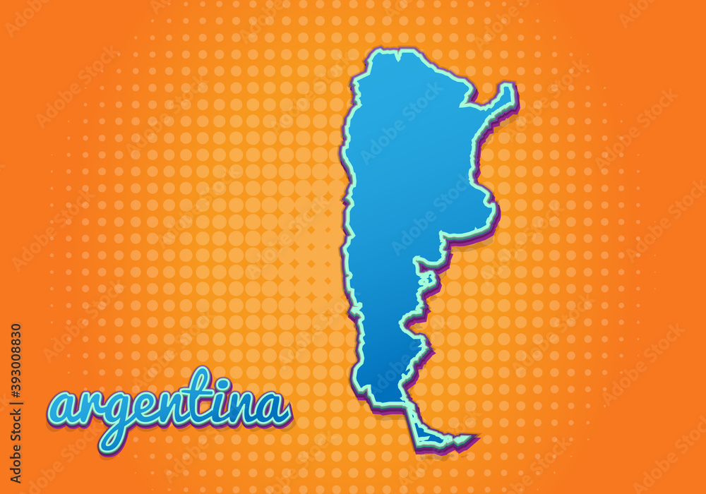 Retro map of argentina with halftone background. Cartoon map icon in comic book and pop art style. Cartography business concept. Great for kids design,educational game,magnet or poster design.