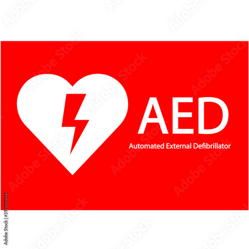AED,automated external defibrillator / aed sign with heart and electricity symbol flat vector icon	
