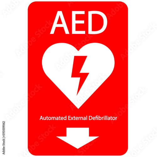 AED,automated external defibrillator / aed sign with heart and electricity symbol flat vector icon	
