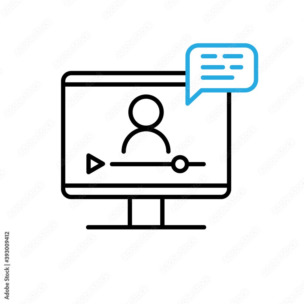 Online lesson icon. Video training symbol. Linear vector icon. Person talking in screen. Online lesson icon. Video training symbol. Linear vector icon. Person talking in screen.