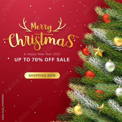 Modern Merry christmas and New year 2021 with red background. greeting card design and sale banner with realistic 3d christmas objects composition. 