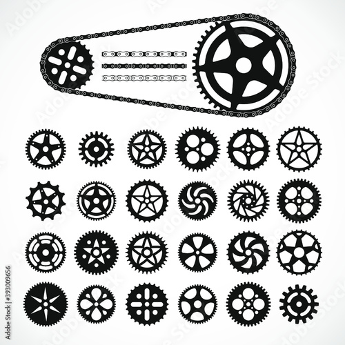 Gears and bicycle chain icons, black vector graphics shapes silhouettes, isolated on white background. Design for stickers, logo, web and mobile app. 