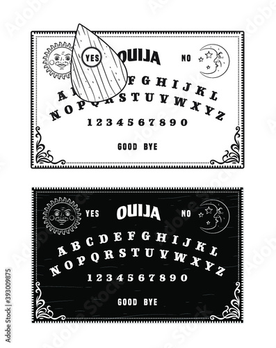 Ouija boards, black and white, divination board, isolated vector graphic illustration art. Design for stickers, logo, web and mobile app.