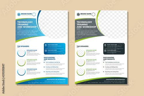 technology training and workshop flyer design template use vertical layout. Circle space for photo collage. Green and blue color of element variation which can be selected. white background. photo