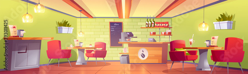 Coffee house or cafe interior with cashier desk, machine, chalkboard menu, shelf with roasted beans packs, tables and armchairs, litter bin. Empty cafeteria, food court. Cartoon vector illustration