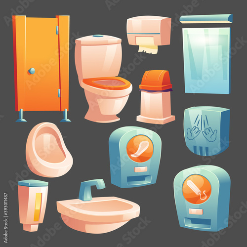 Public toilet stuff cubicle, ceramics bowl and urinal, container with liquid soap, litter bin and paper wipes, automat with hygienic woman pads and tampons, hand dryer, mirror Cartoon vector set