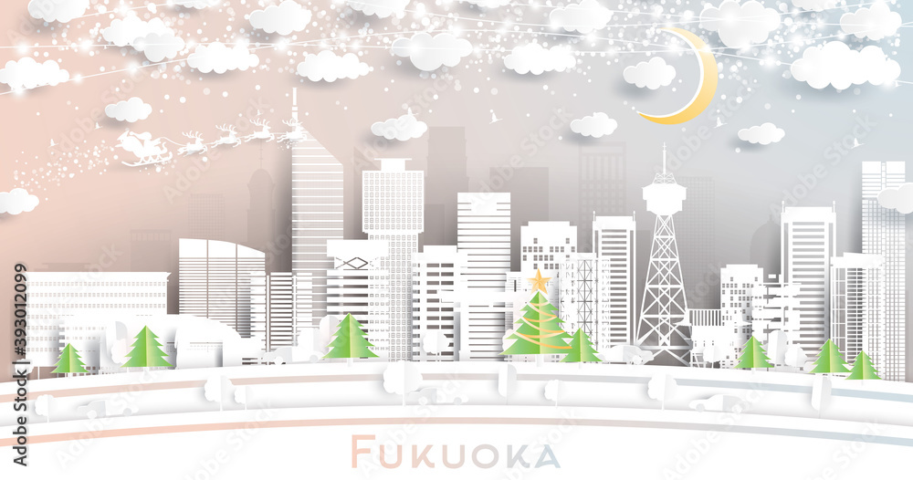 Fukuoka Japan City Skyline in Paper Cut Style with Snowflakes, Moon and Neon Garland.