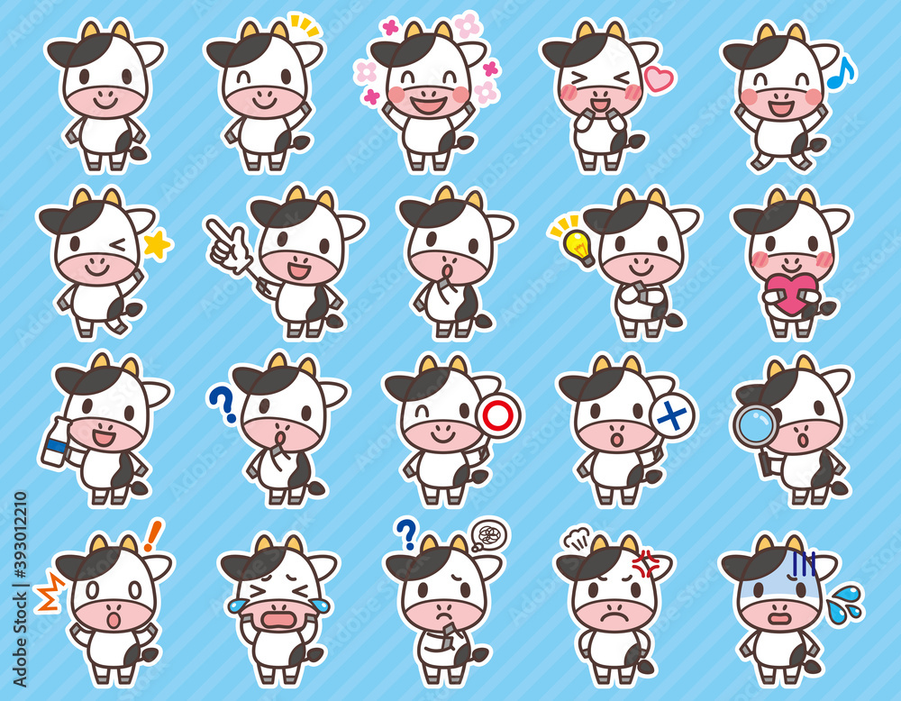 牛のかわいいキャラクターセット 背景 白フチあり Cute Cow Character Set Stock Vector Adobe Stock
