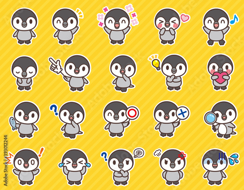 ペンギンのヒナのかわいいキャラクターセット(背景・白フチあり)-Cute character set of penguins chicks 