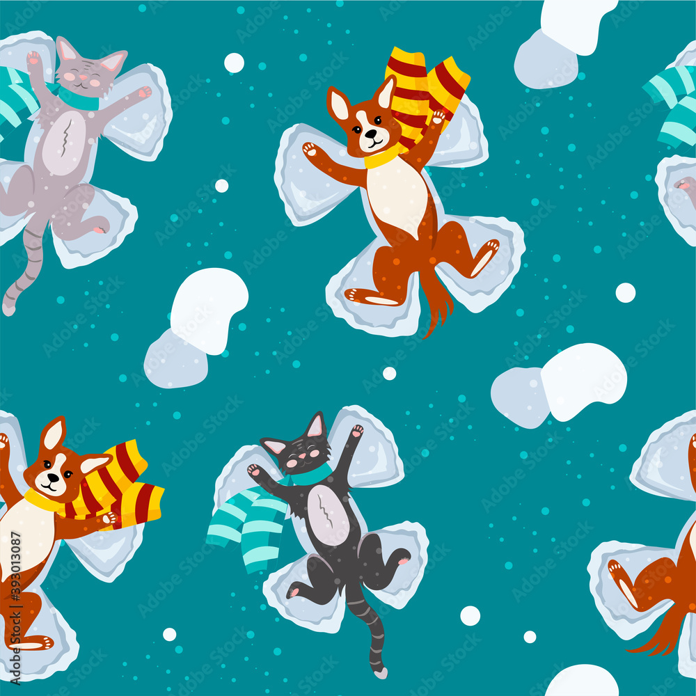 Happy Christmas seamless pattern on turquoise background. Corgi dogs and cats lie on the snow in a scarf and makes a snow angels.  Vector background for printing on any surface.